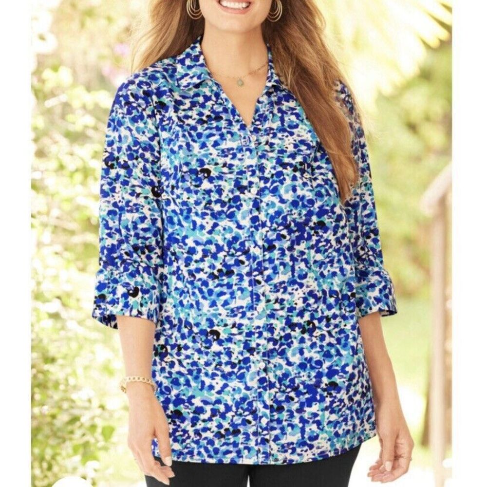 Catherines Blue Button Front 3/4 Tab Sleeve Timeless Blouse Size 4X